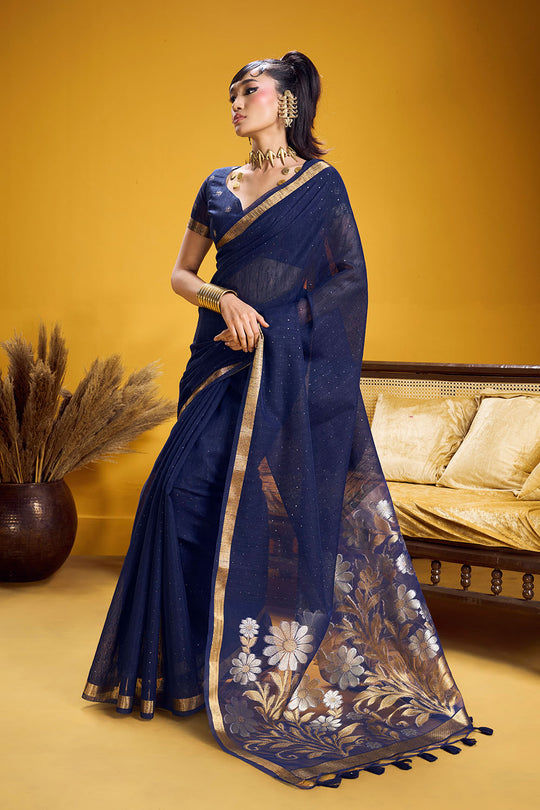 Neerja Navy Blue Munga Silk Zari Weaving Ready to Wear One Minute Saree