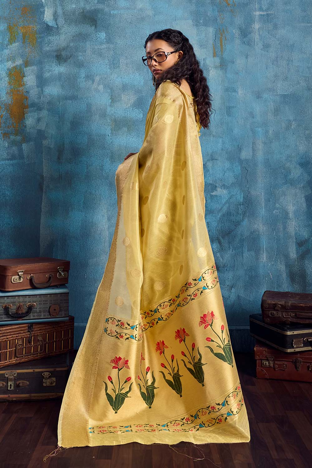 Cleo Mustard Yellow Paithani Tissue Handloom Weaving Ready to Wear Saree