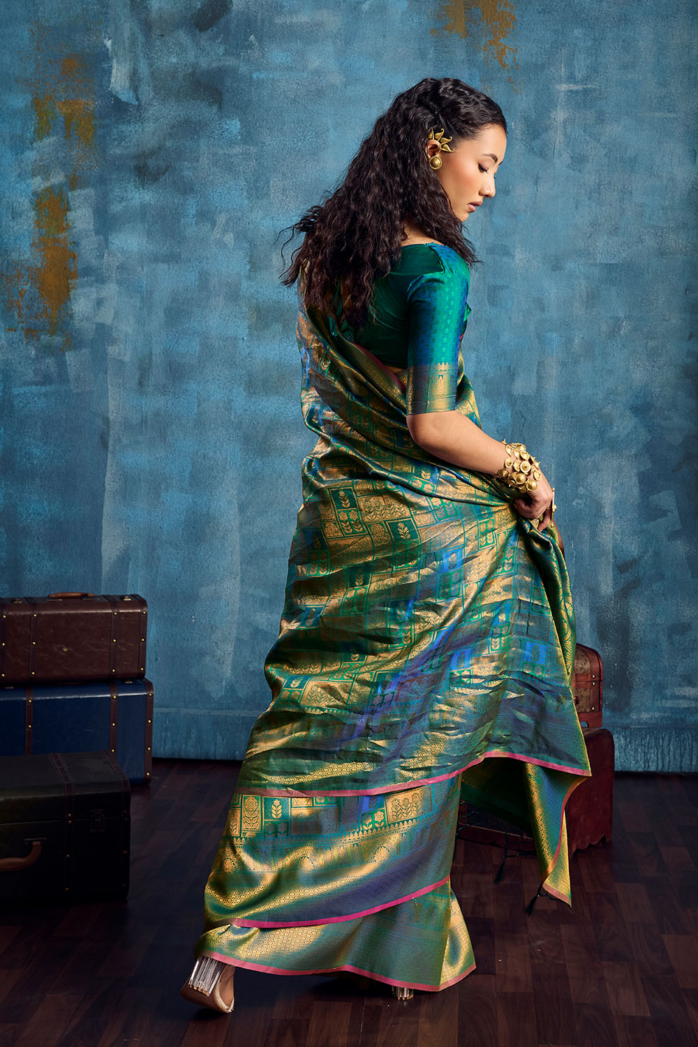 Kiya Teal Green Handloom Zari Weaving Silk Ready to Wear Saree