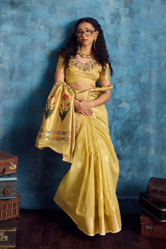 Cleo Mustard Yellow Paithani Tissue Handloom Weaving Ready to Wear Saree