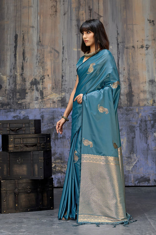 Kimani Peacock Blue Pure Satin Handloom Weaving Silk Ready to Wear Saree