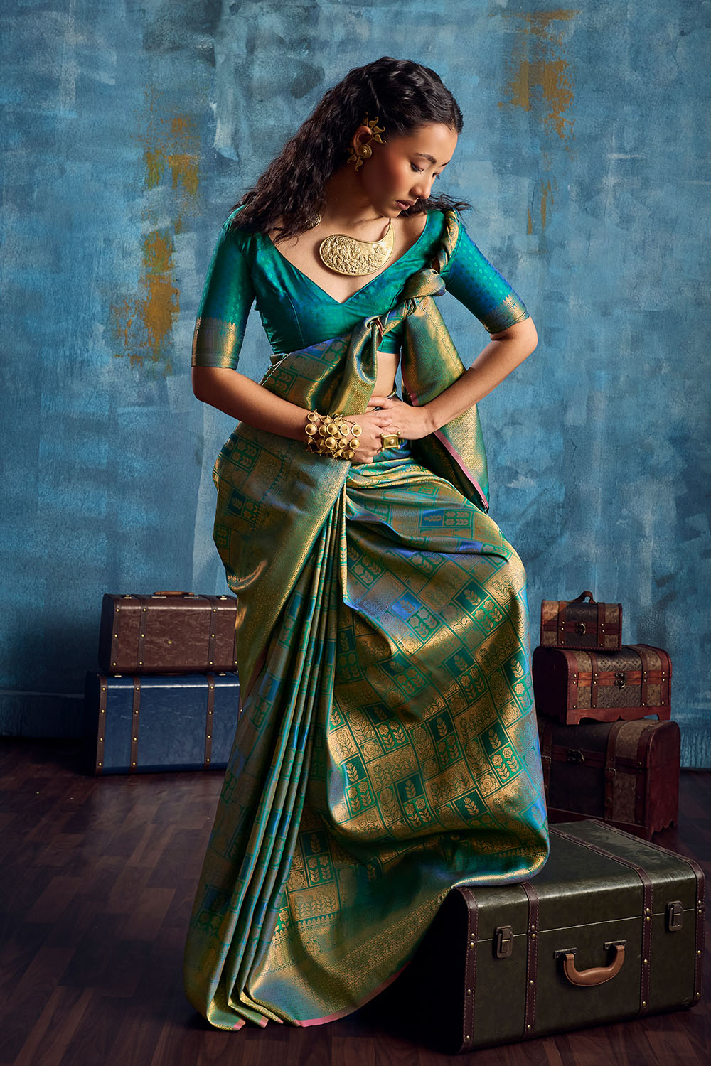 Kiya Teal Green Handloom Zari Weaving Silk Ready to Wear Saree