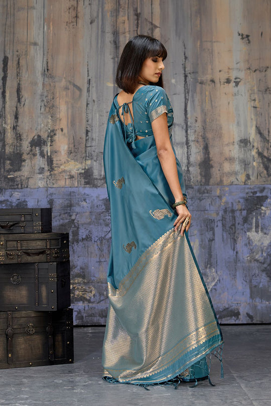 Kimani Peacock Blue Pure Satin Handloom Weaving Silk Ready to Wear Saree