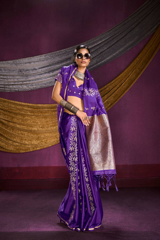 Akari Royal Purple Pure Satin Handloom Weaving Silk Ready to Wear Saree