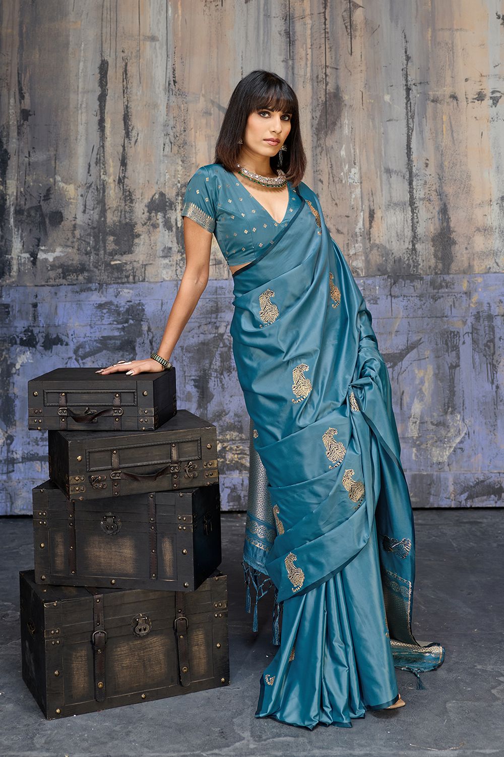 Kimani Peacock Blue Pure Satin Handloom Weaving Silk Ready to Wear Saree