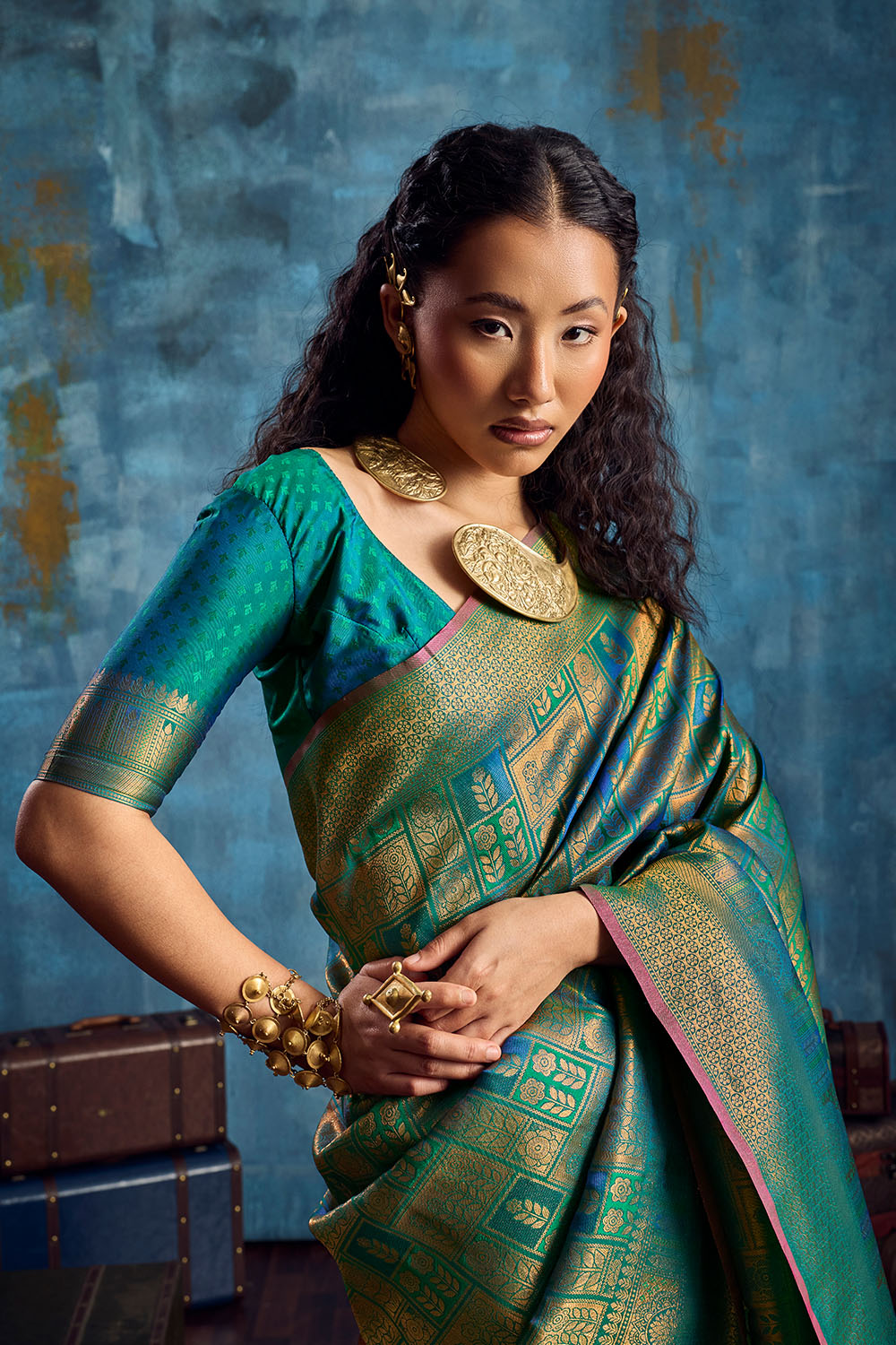 Kiya Teal Green Handloom Zari Weaving Silk Ready to Wear Saree