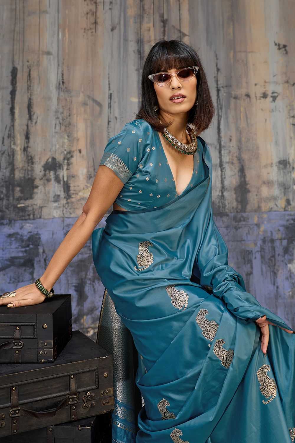 Kimani Peacock Blue Pure Satin Handloom Weaving Silk Ready to Wear Saree