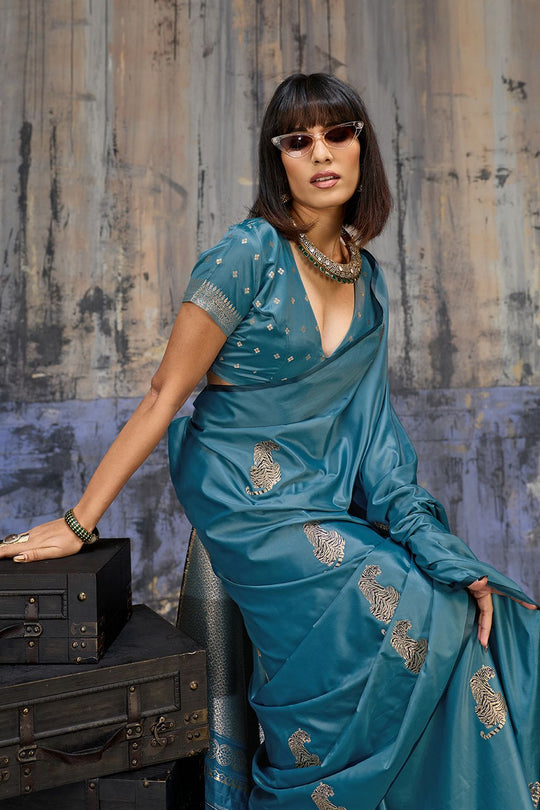 Kimani Peacock Blue Pure Satin Handloom Weaving Silk Ready to Wear Saree