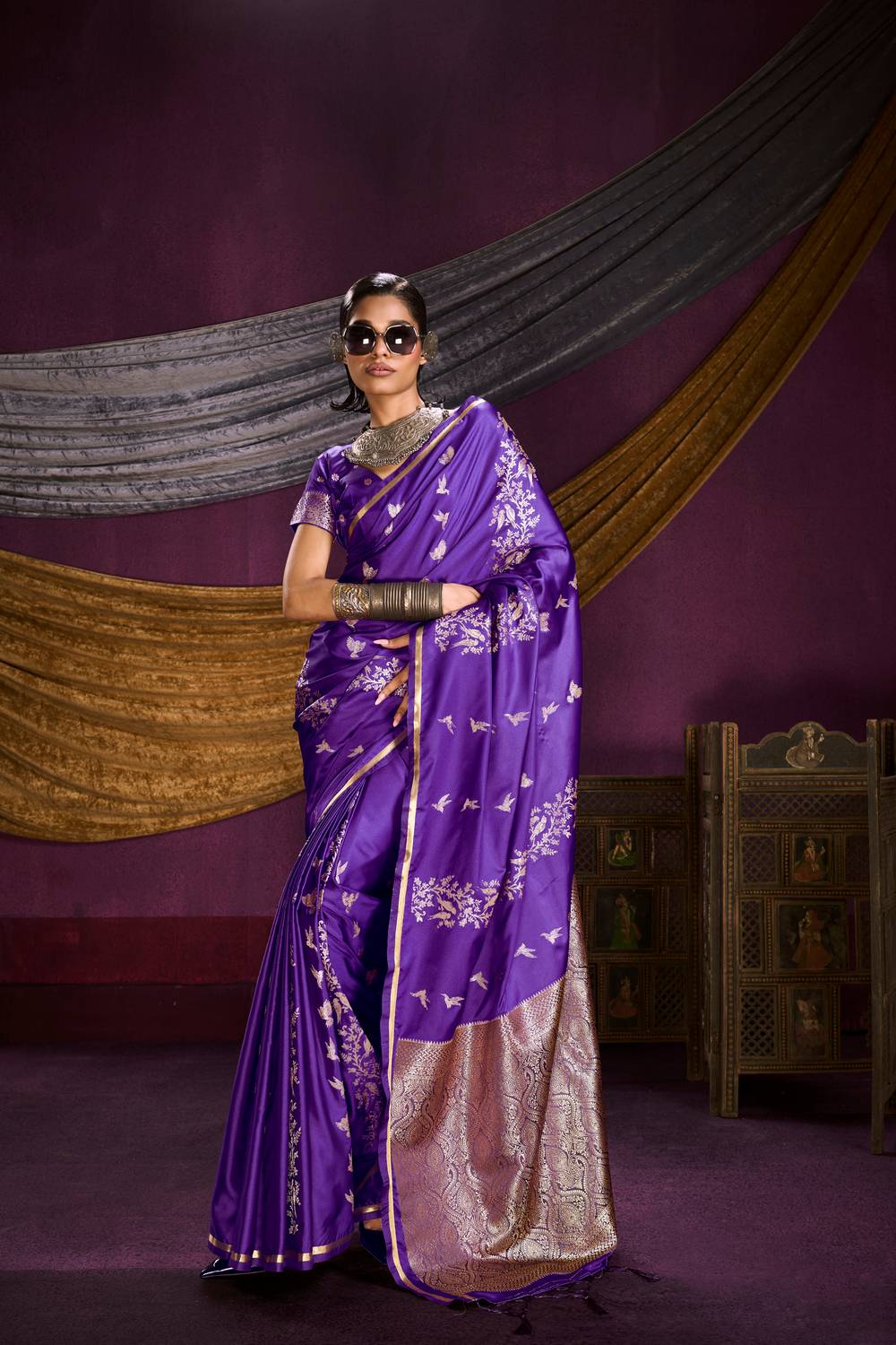 Akari Royal Purple Pure Satin Handloom Weaving Silk Ready to Wear Saree