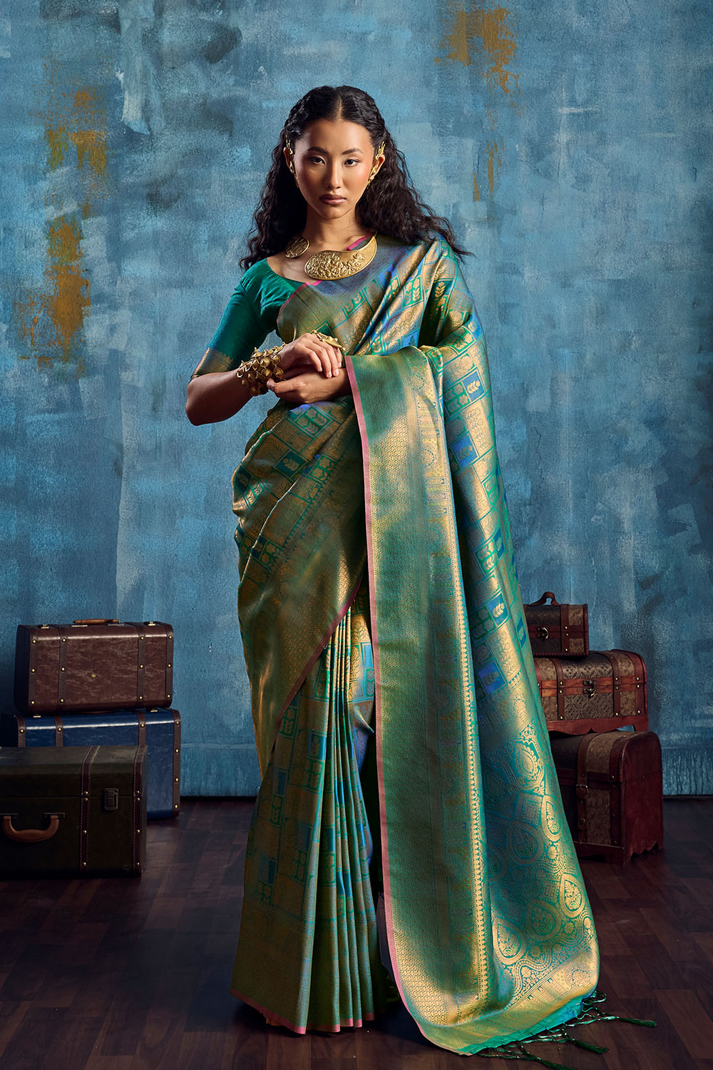 Kiya Teal Green Handloom Zari Weaving Silk Ready to Wear Saree