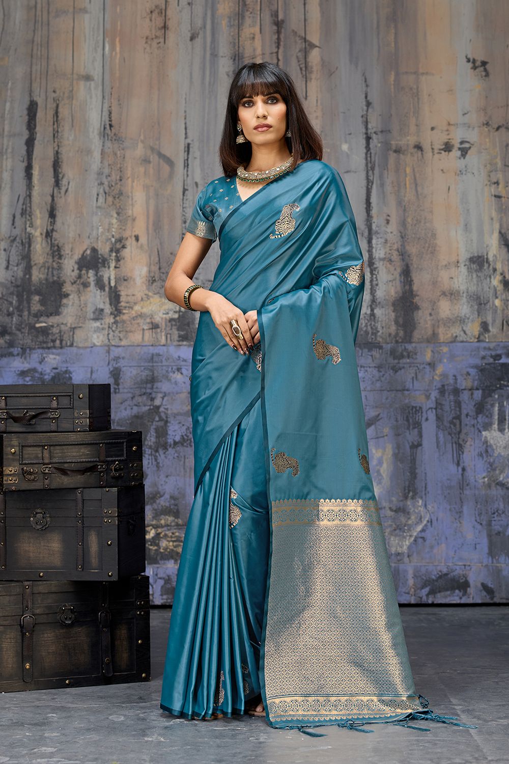 Kimani Peacock Blue Pure Satin Handloom Weaving Silk Ready to Wear Saree