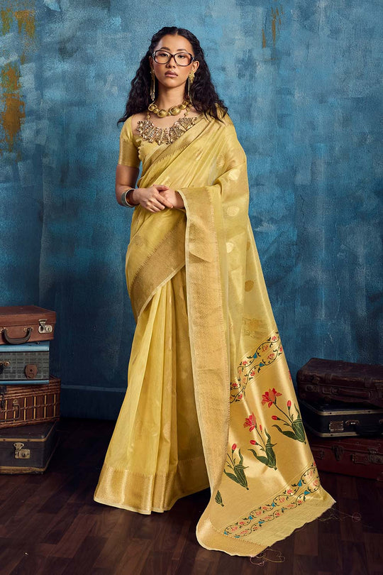 Cleo Mustard Yellow Paithani Tissue Handloom Weaving Ready to Wear Saree