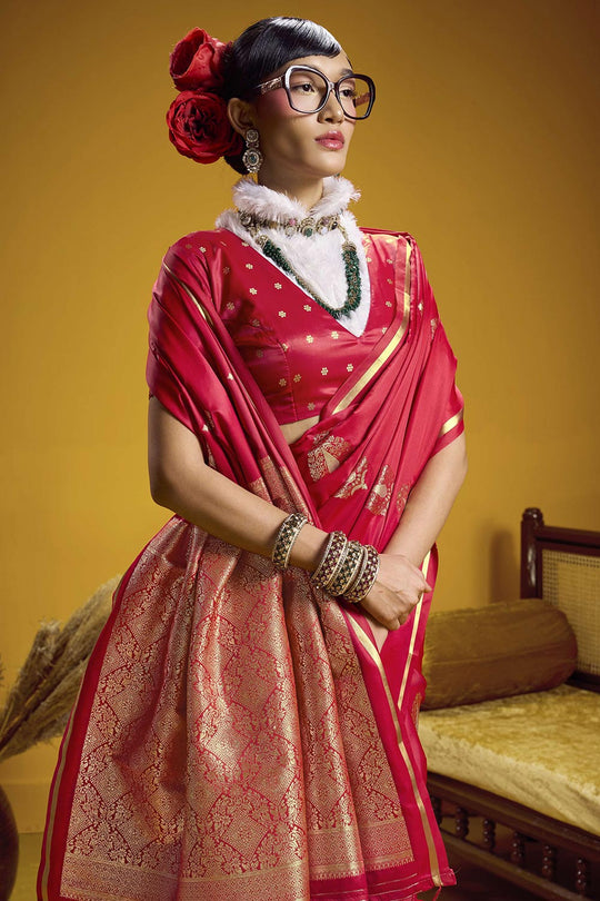 Venu Red Pure Satin Handloom Woven Silk Ready to Wear Saree