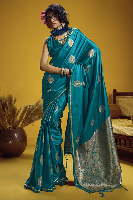Venu Teal Blue Pure Satin Handloom Woven Silk Ready to Wear Saree
