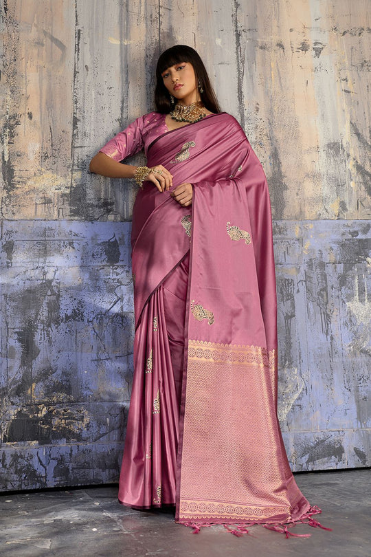 Kimani Rose Pink Pure Satin Handloom Weaving Silk Ready to Wear Saree