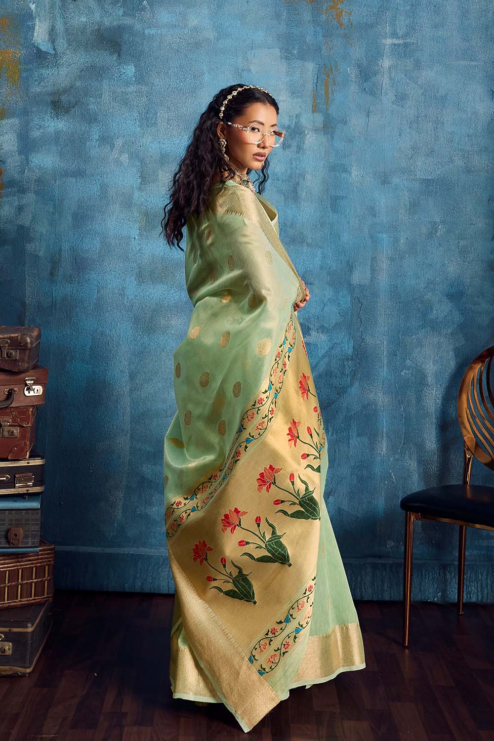 Cleo Pastel Green Paithani Tissue Handloom Weaving Ready to Wear Saree