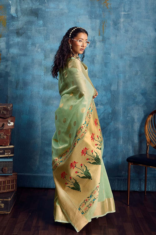 Cleo Pastel Green Paithani Tissue Handloom Weaving Ready to Wear Saree