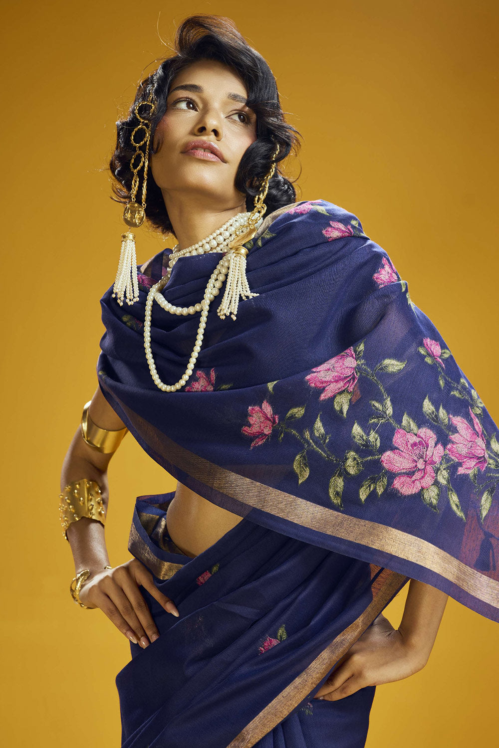 Emilia Navy Blue Munga Print Cotton Handloom Weaving Ready to Wear Saree
