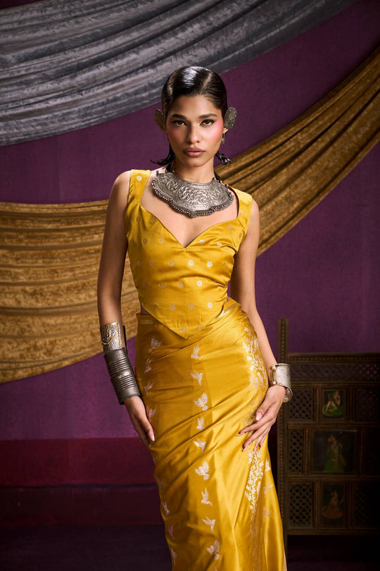 Akari Mustard Yellow Pure Satin Handloom Weaving Silk Ready to Wear Saree