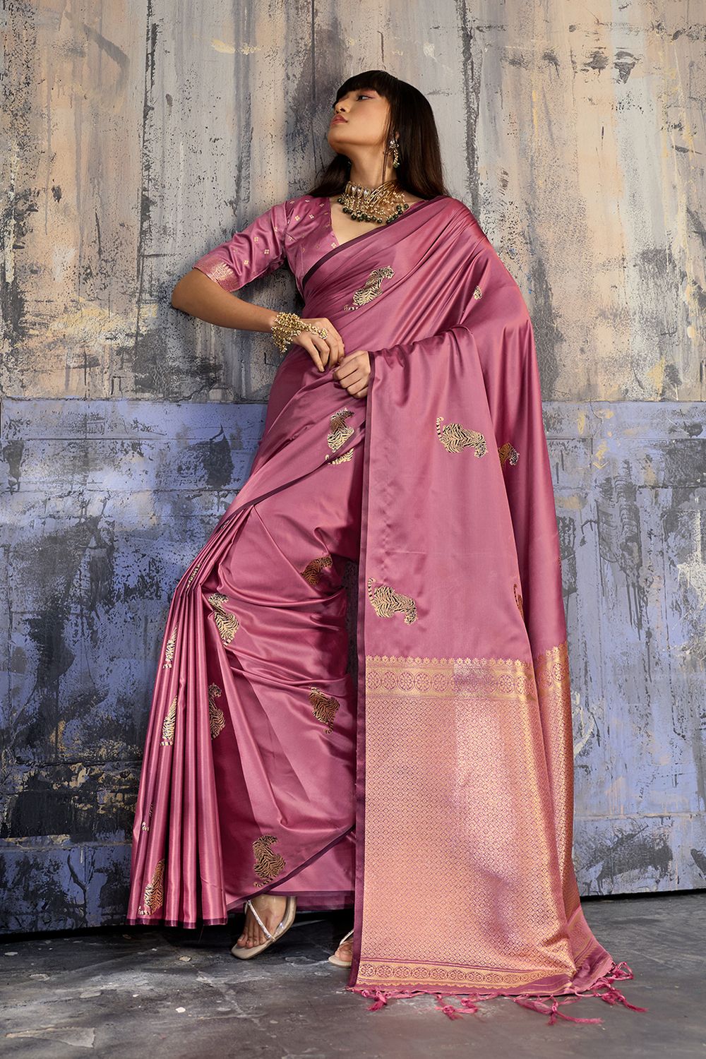 Kimani Rose Pink Pure Satin Handloom Weaving Silk Ready to Wear Saree
