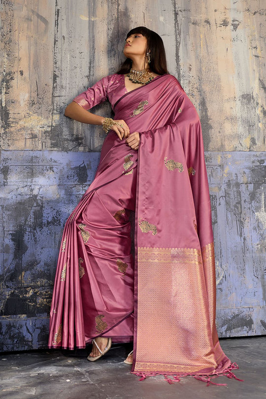 Kimani Rose Pink Pure Satin Handloom Weaving Silk Ready to Wear Saree