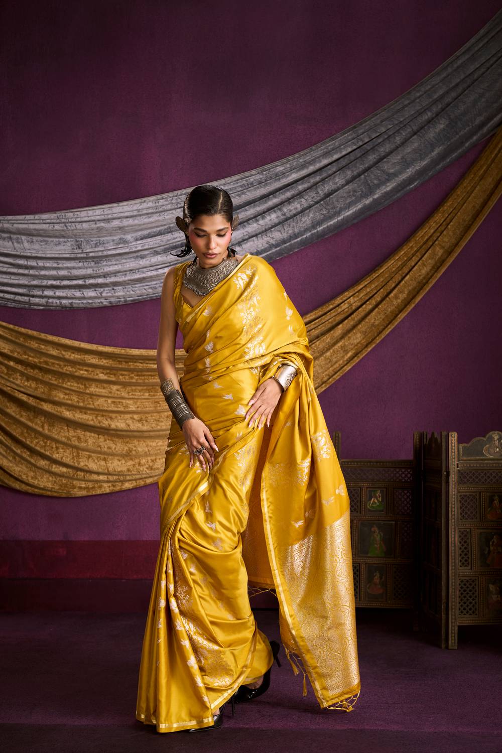 Akari Mustard Yellow Pure Satin Handloom Weaving Silk Ready to Wear Saree