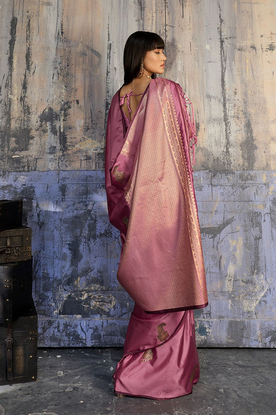 Kimani Rose Pink Pure Satin Handloom Weaving Silk Ready to Wear Saree