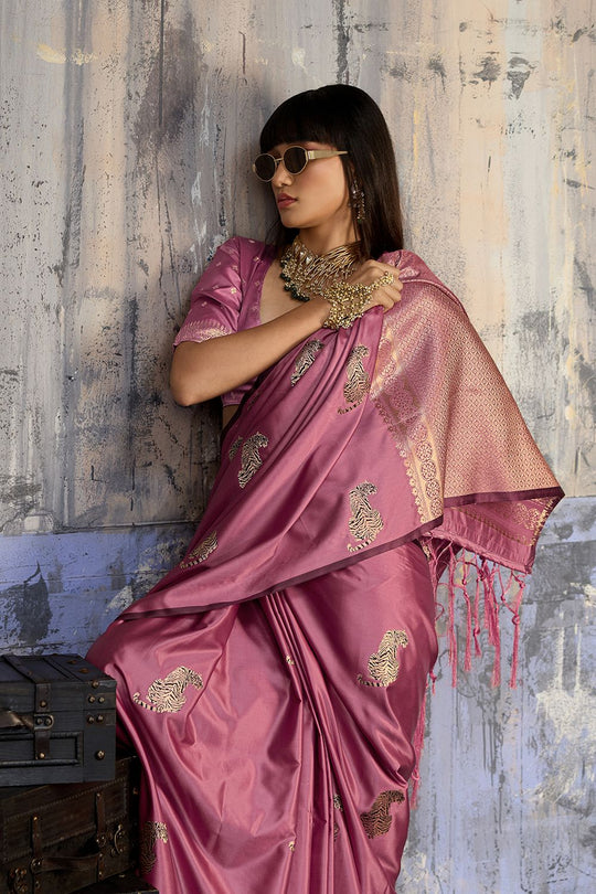Kimani Rose Pink Pure Satin Handloom Weaving Silk Ready to Wear Saree