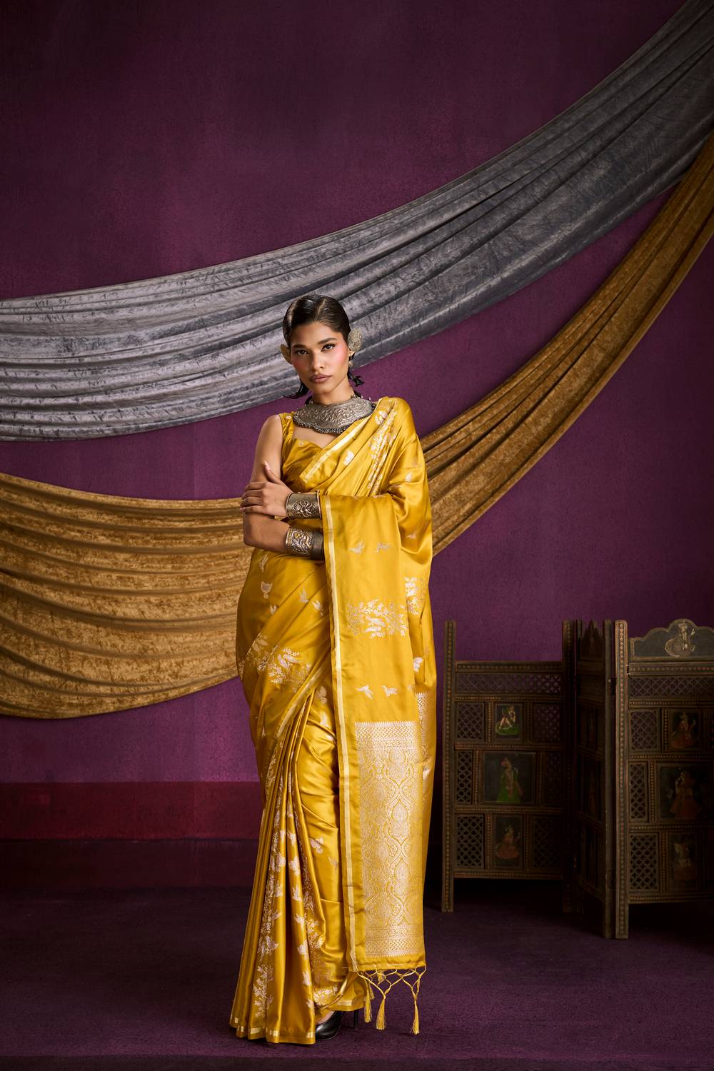 Akari Mustard Yellow Pure Satin Handloom Weaving Silk Ready to Wear Saree