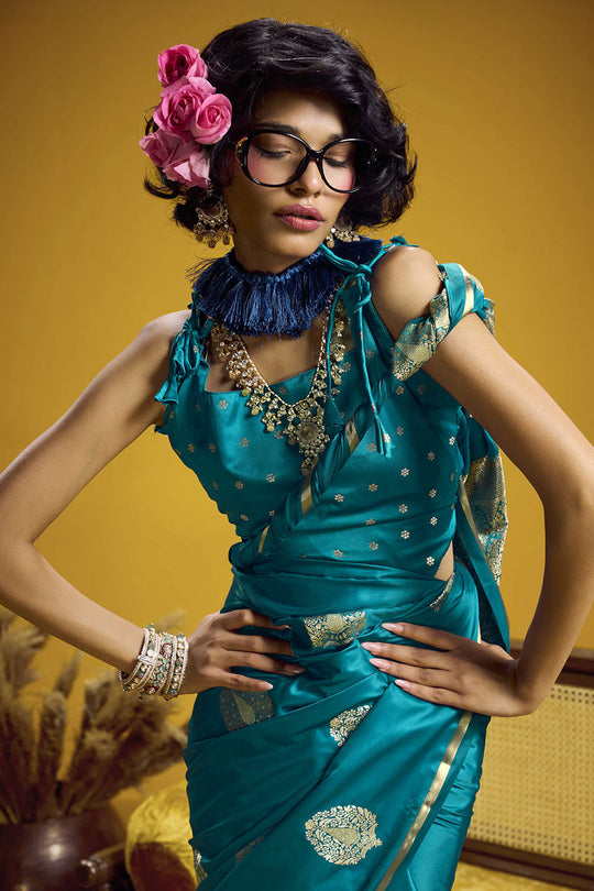 Venu Teal Blue Pure Satin Handloom Woven Silk Ready to Wear Saree