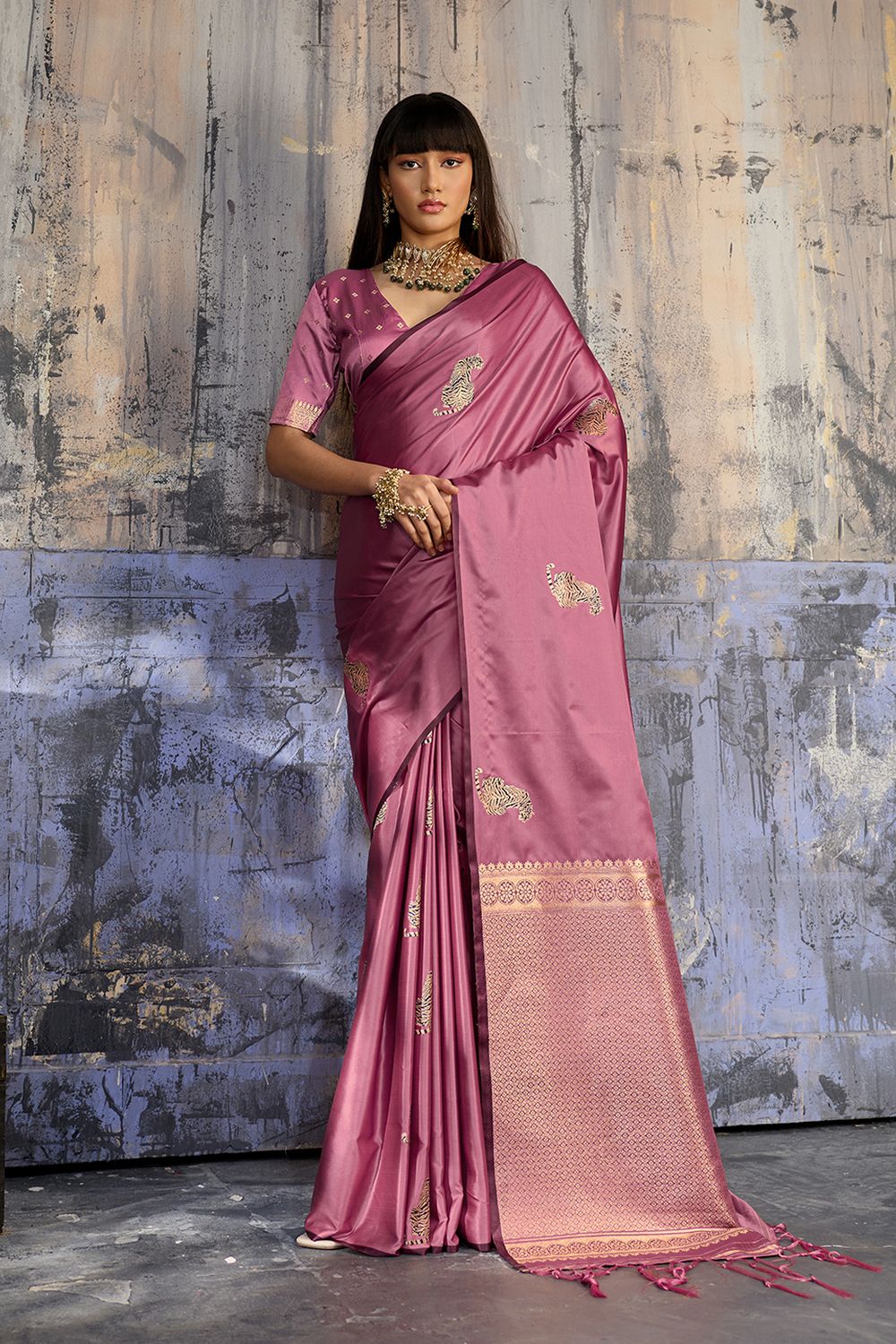 Kimani Rose Pink Pure Satin Handloom Weaving Silk Ready to Wear Saree