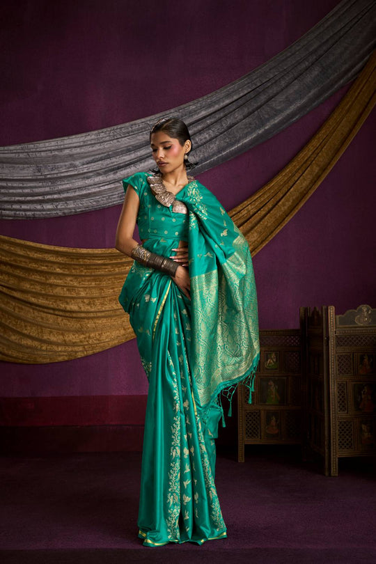Akari Emerald Green Pure Satin Handloom Weaving Silk Ready to Wear Saree