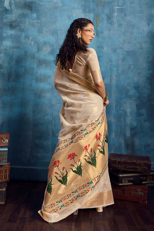 Cleo Cream Paithani Tissue Handloom Weaving Ready to Wear Saree