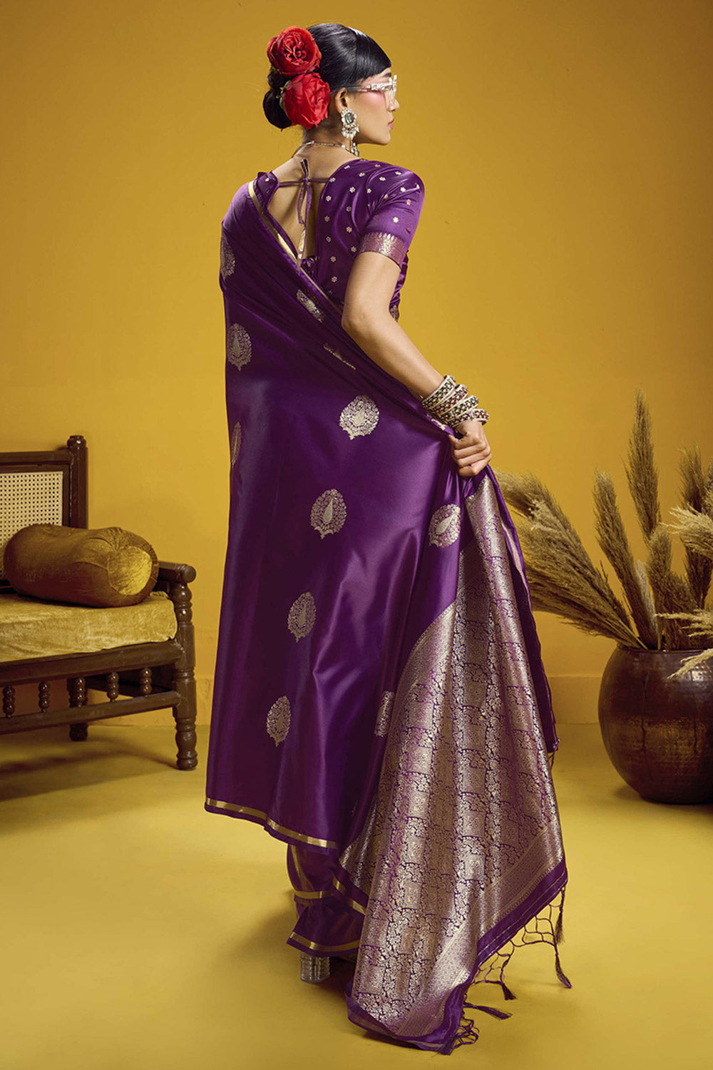 Venu Purple Pure Satin Handloom Woven Silk Ready to Wear Saree