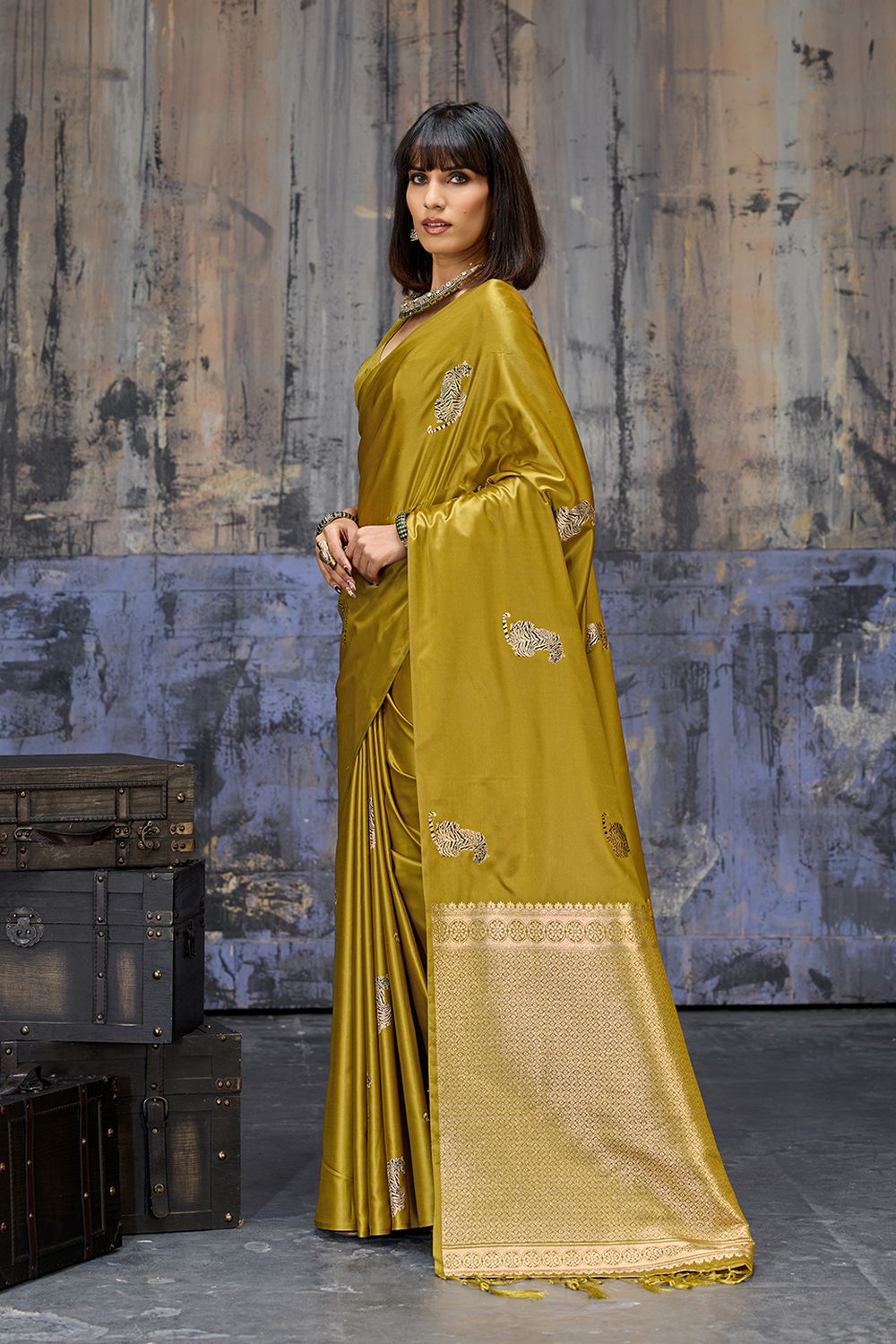 Kimani Mustard Yellow Pure Satin Handloom Weaving Silk Ready to Wear Saree