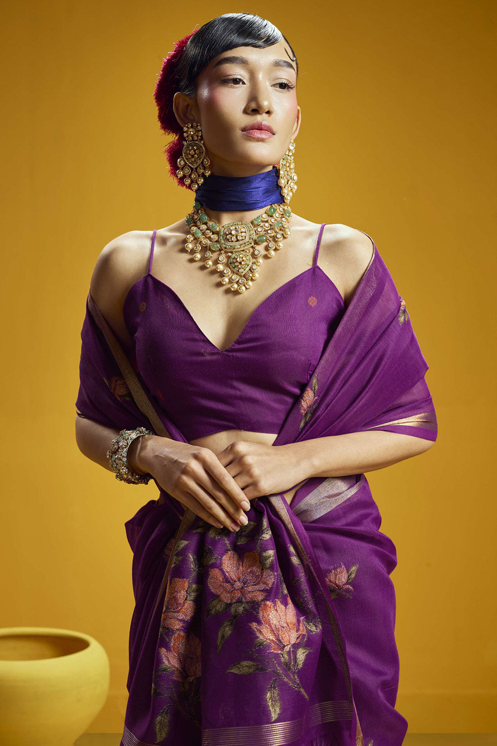 Emilia Purple Munga Print Cotton Handloom Weaving Ready to Wear Saree