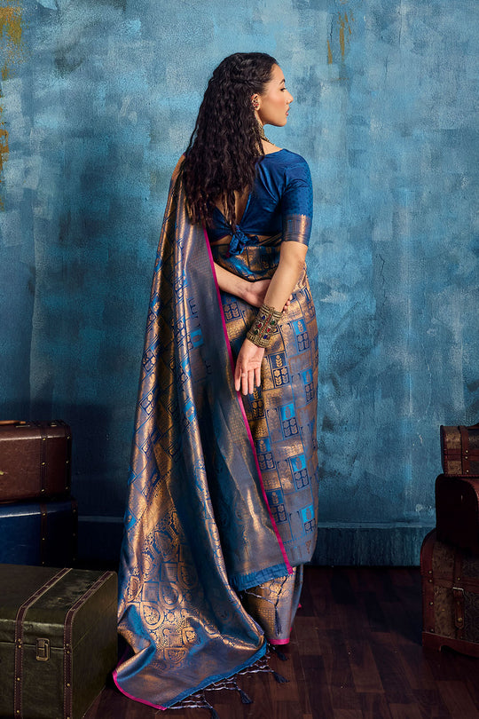 Kiya Steel Blue Handloom Zari Weaving Silk Ready to Wear Saree