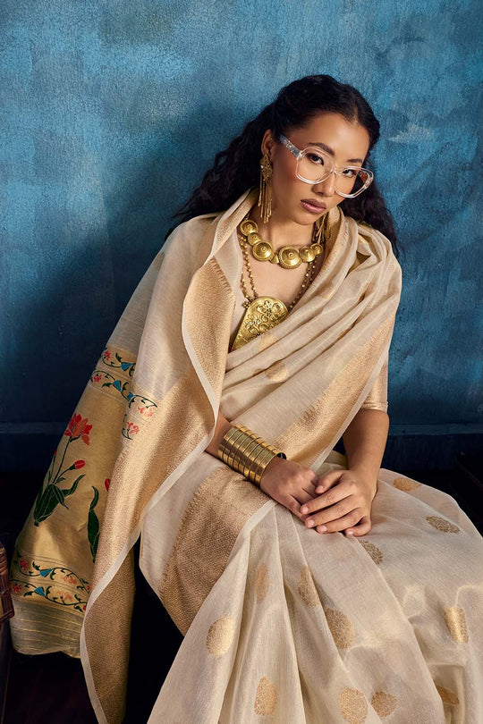 Cleo Cream Paithani Tissue Handloom Weaving Ready to Wear Saree