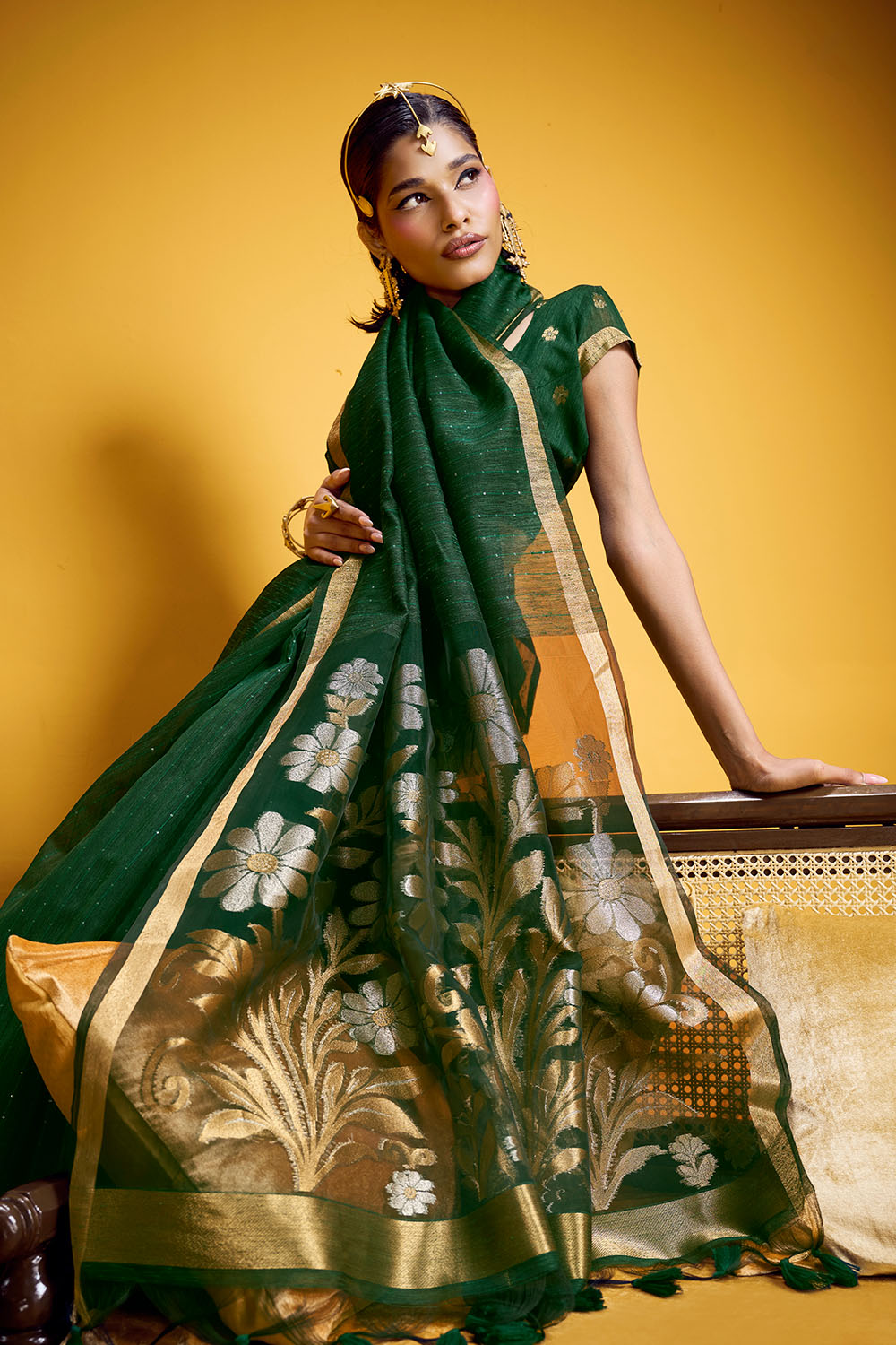 Neerja Bottle Green Munga Silk Zari Weaving Ready to Wear One Minute Saree