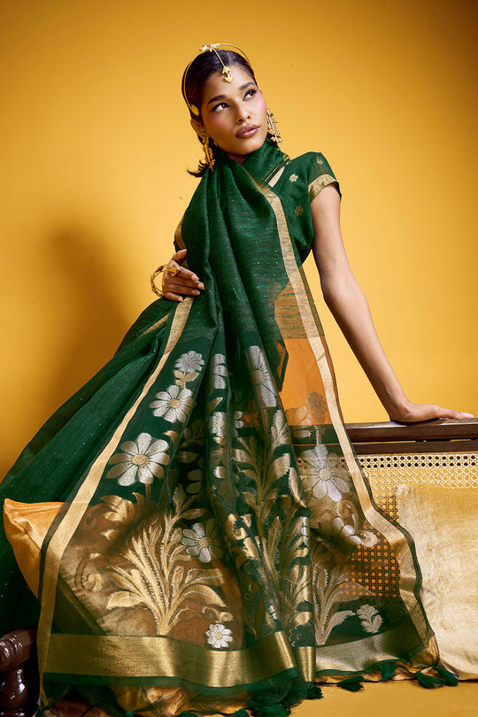 Neerja Bottle Green Munga Silk Zari Weaving Ready to Wear One Minute Saree
