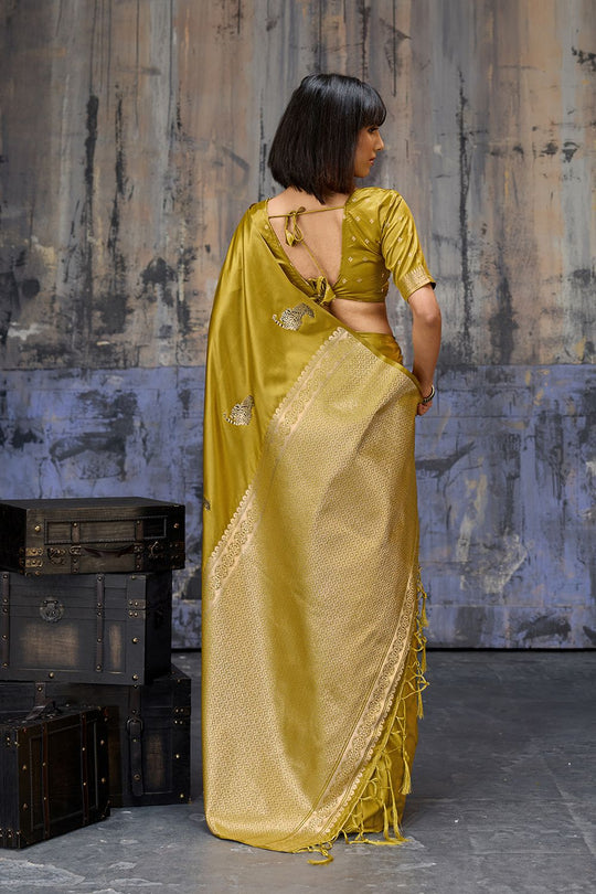 Kimani Mustard Yellow Pure Satin Handloom Weaving Silk Ready to Wear Saree