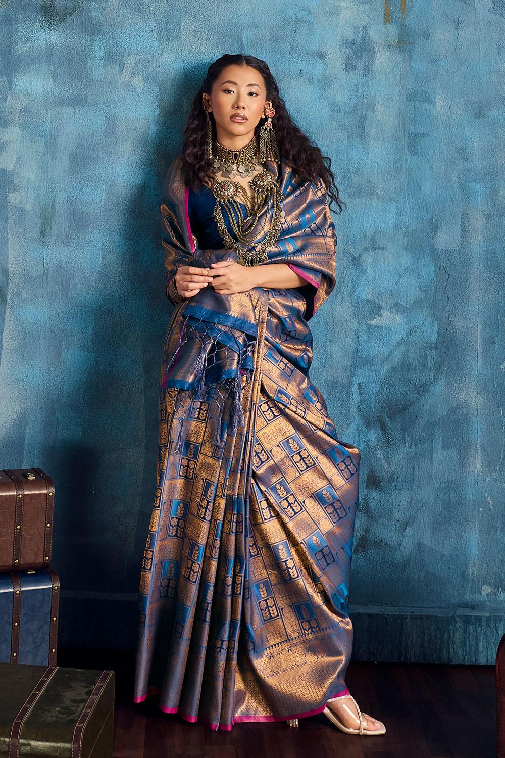 Kiya Steel Blue Handloom Zari Weaving Silk Ready to Wear Saree
