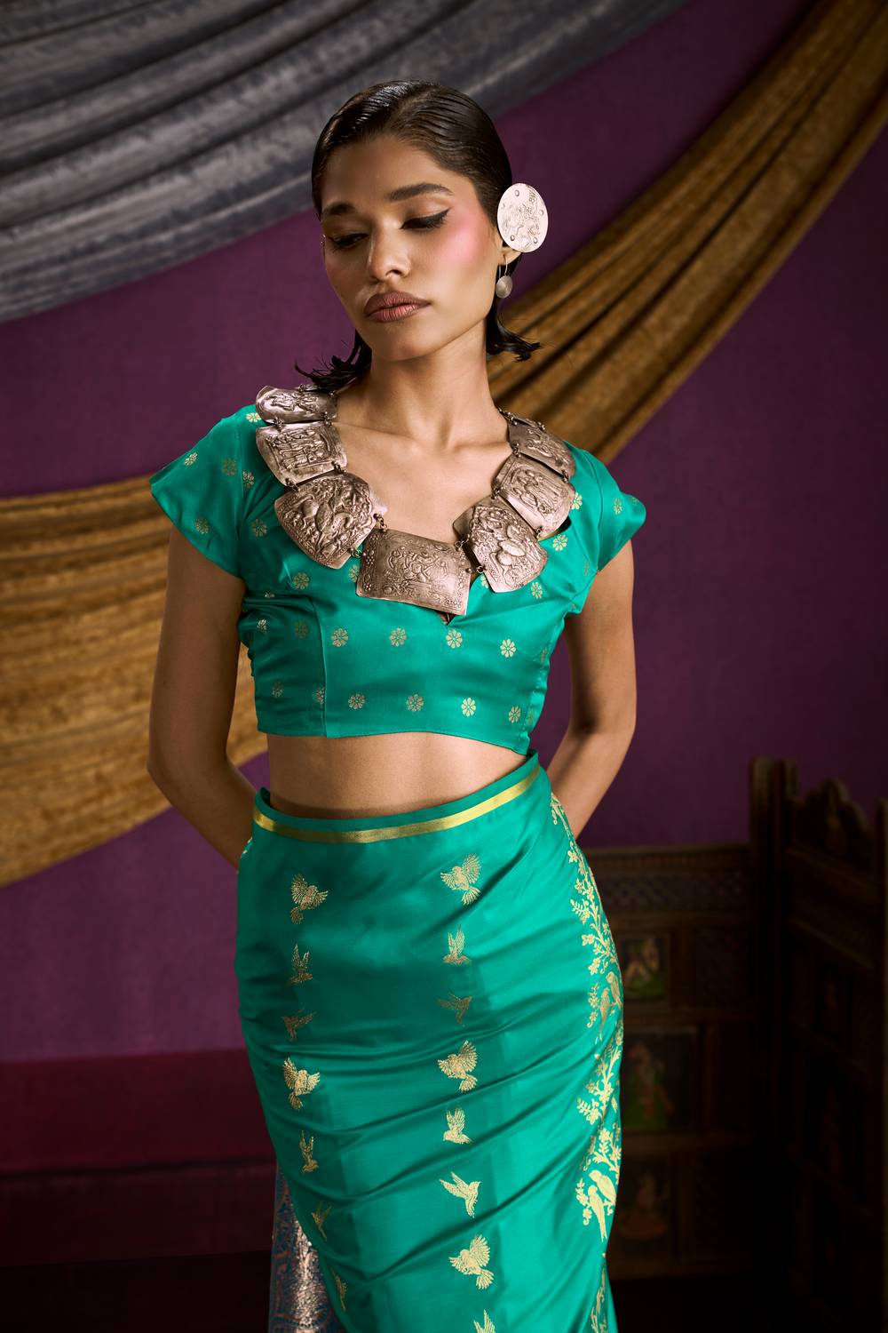 Akari Emerald Green Pure Satin Handloom Weaving Silk Ready to Wear Saree