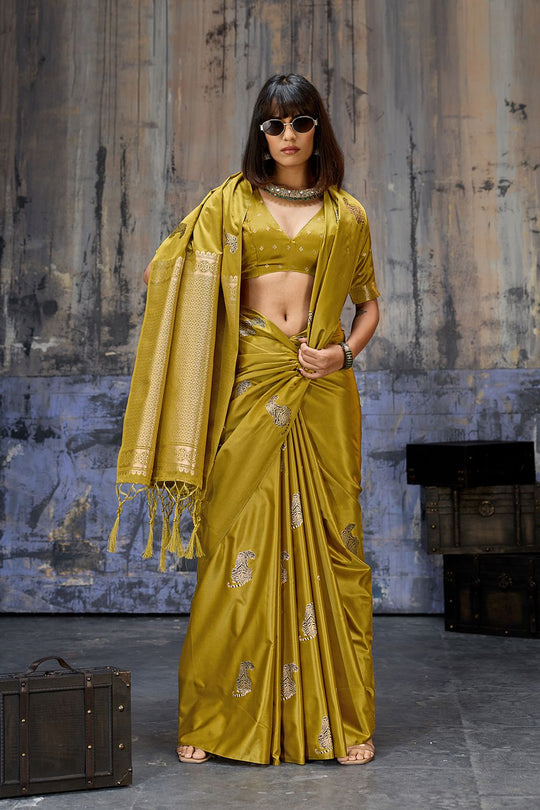 Kimani Mustard Yellow Pure Satin Handloom Weaving Silk Ready to Wear Saree