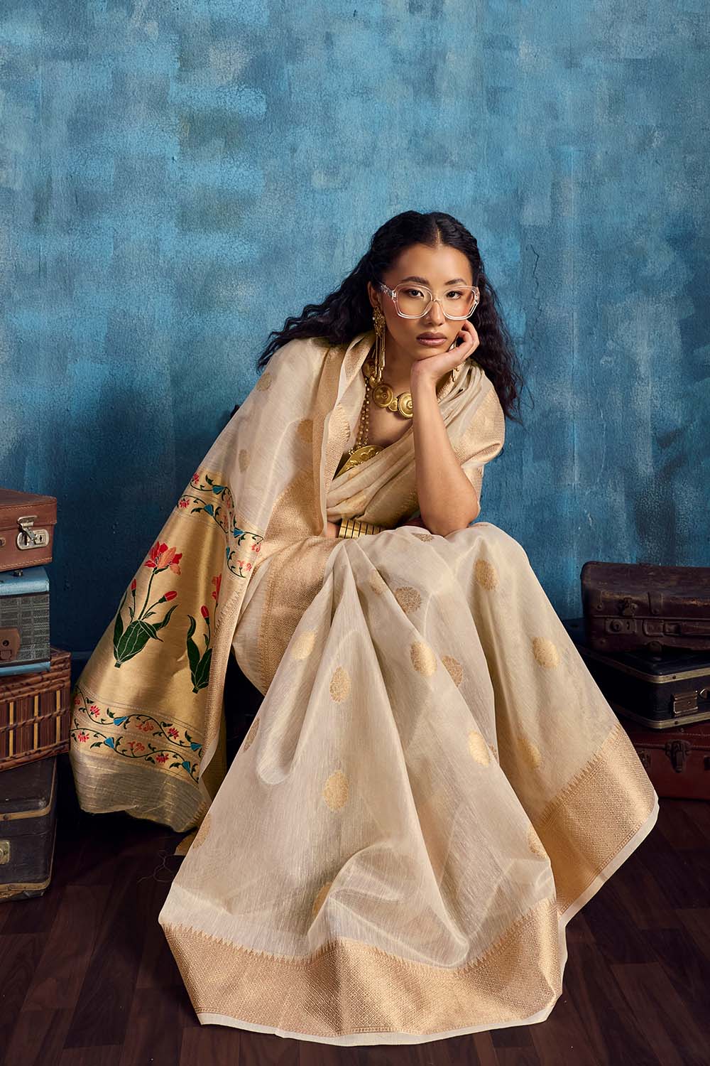 Cleo Cream Paithani Tissue Handloom Weaving Ready to Wear Saree