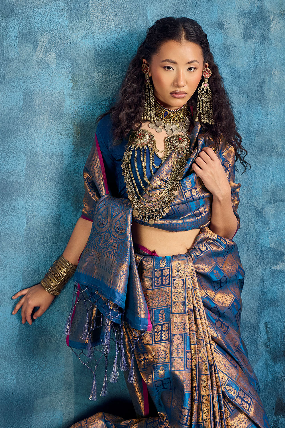 Kiya Steel Blue Handloom Zari Weaving Silk Ready to Wear Saree