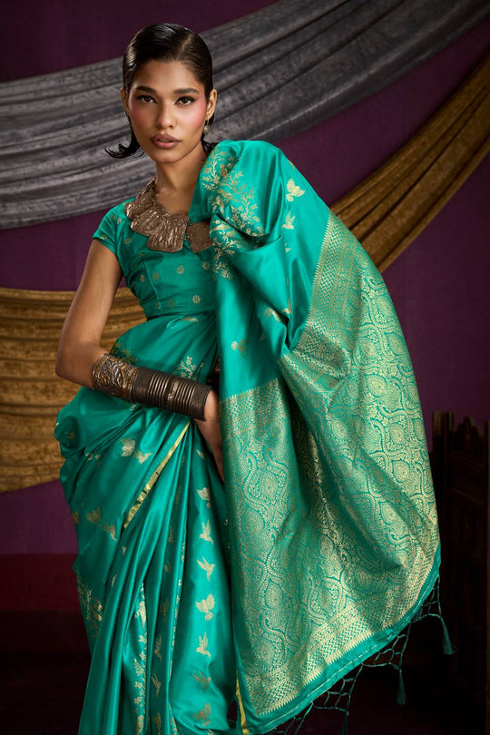 Akari Emerald Green Pure Satin Handloom Weaving Silk Ready to Wear Saree