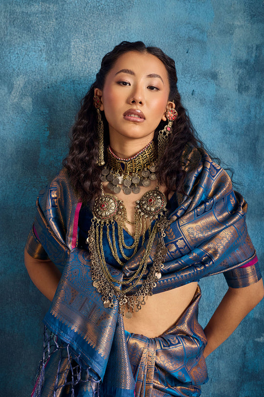 Kiya Steel Blue Handloom Zari Weaving Silk Ready to Wear Saree