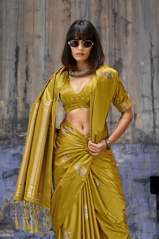 Kimani Mustard Yellow Pure Satin Handloom Weaving Silk Ready to Wear Saree