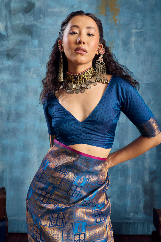 Kiya Steel Blue Handloom Zari Weaving Silk Ready to Wear Saree